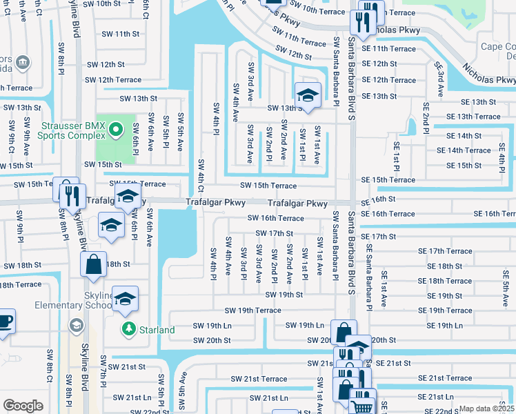 map of restaurants, bars, coffee shops, grocery stores, and more near 300 Trafalgar Parkway in Cape Coral