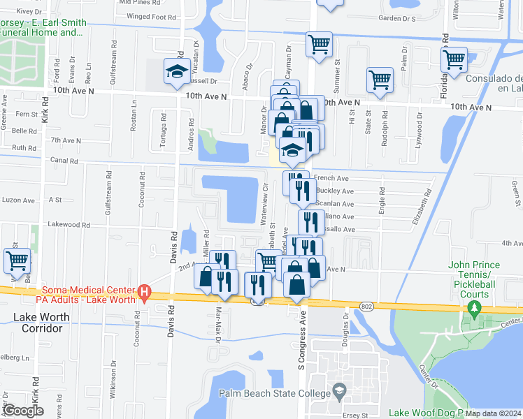 map of restaurants, bars, coffee shops, grocery stores, and more near 3804 Waterview Circle in Palm Springs