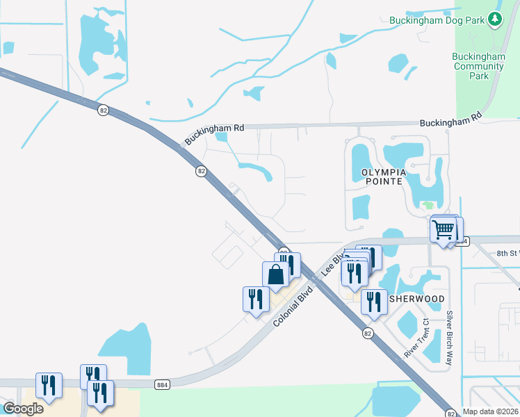 map of restaurants, bars, coffee shops, grocery stores, and more near 445 Florida 82 in Lehigh Acres