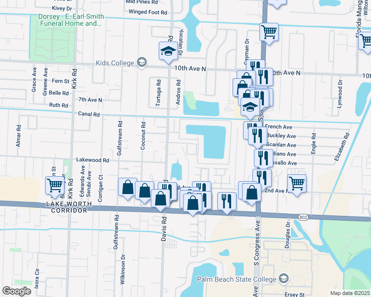 map of restaurants, bars, coffee shops, grocery stores, and more near 25a Miller Road in Palm Springs
