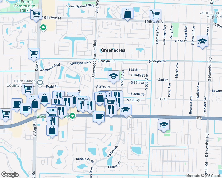 map of restaurants, bars, coffee shops, grocery stores, and more near 5814 South 37th Court in Greenacres
