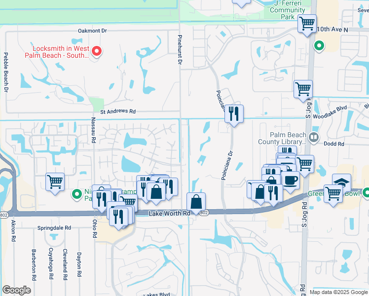 map of restaurants, bars, coffee shops, grocery stores, and more near 3702 Pinehurst Drive in Lake Worth