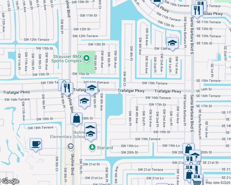 map of restaurants, bars, coffee shops, grocery stores, and more near 504 Trafalgar Parkway in Cape Coral