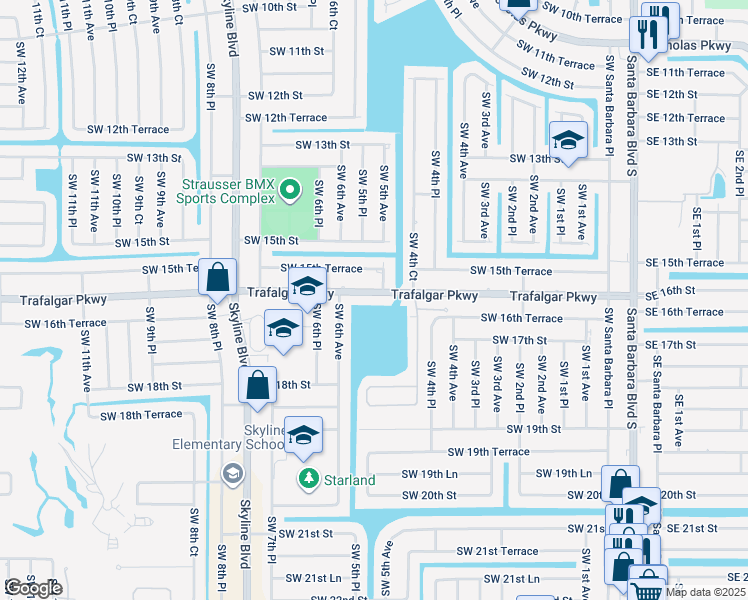 map of restaurants, bars, coffee shops, grocery stores, and more near 504 Trafalgar Parkway in Cape Coral