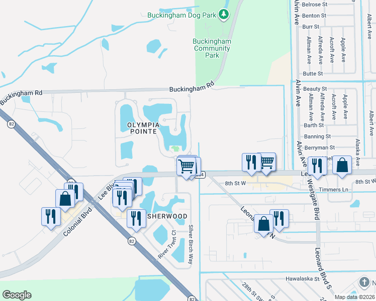 map of restaurants, bars, coffee shops, grocery stores, and more near 8548 Athena Court in Lehigh Acres