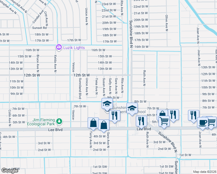 map of restaurants, bars, coffee shops, grocery stores, and more near 907 Susan Avenue North in Lehigh Acres