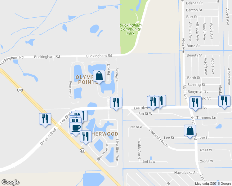 map of restaurants, bars, coffee shops, grocery stores, and more near 8548 Athena Court in Lehigh Acres