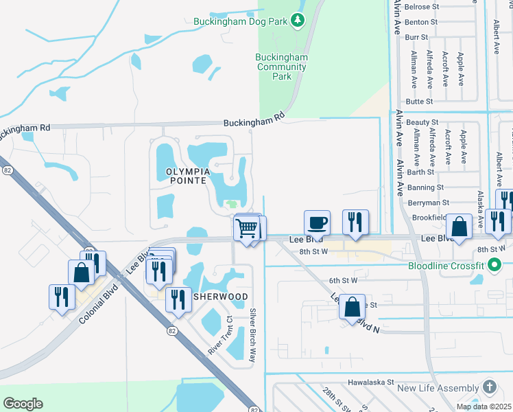 map of restaurants, bars, coffee shops, grocery stores, and more near 8551 Athena Court in Lehigh Acres