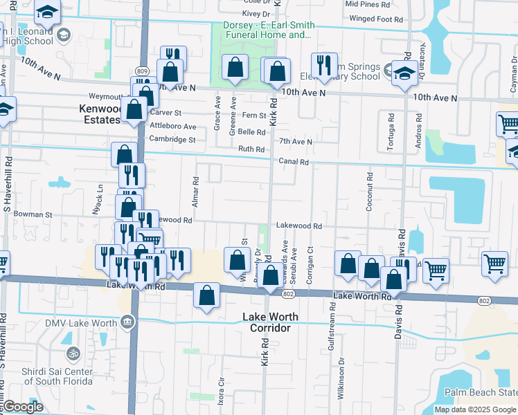map of restaurants, bars, coffee shops, grocery stores, and more near 4035 Lakewood Road in Lake Worth