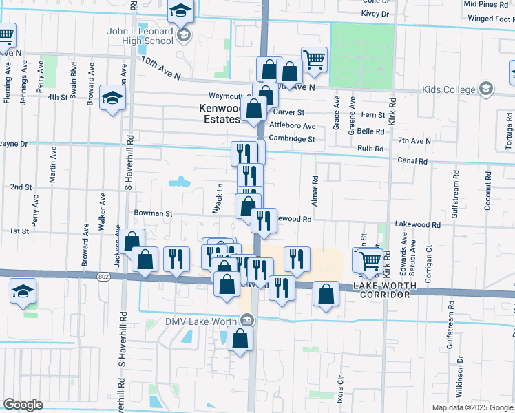map of restaurants, bars, coffee shops, grocery stores, and more near 3719 South Military Trail in Lake Worth