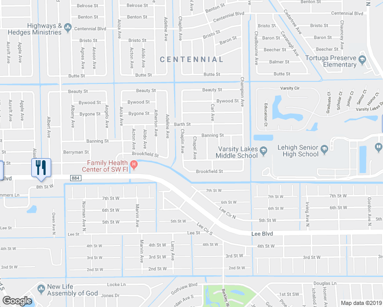 map of restaurants, bars, coffee shops, grocery stores, and more near 813 Chapel Avenue in Lehigh Acres