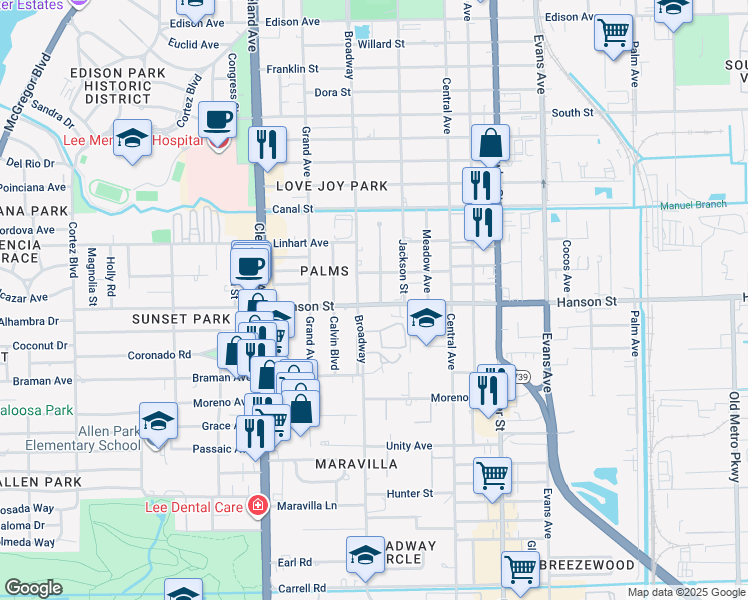 map of restaurants, bars, coffee shops, grocery stores, and more near 3011 Broadway in Fort Myers