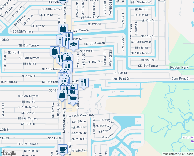 map of restaurants, bars, coffee shops, grocery stores, and more near 1819 Southeast 16th Street in Cape Coral