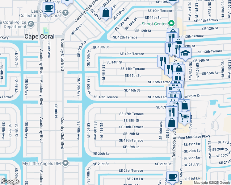 map of restaurants, bars, coffee shops, grocery stores, and more near 1127 Southeast 16th Street in Cape Coral
