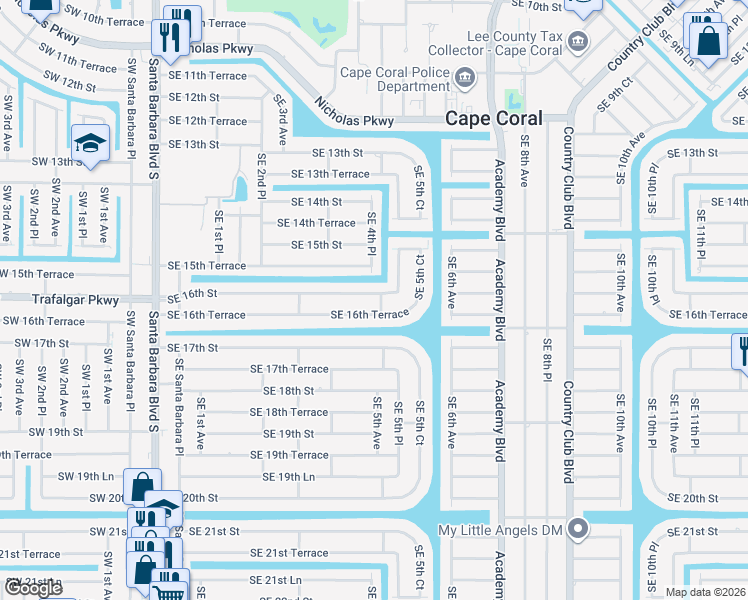map of restaurants, bars, coffee shops, grocery stores, and more near 501 Southeast 16th Street in Cape Coral