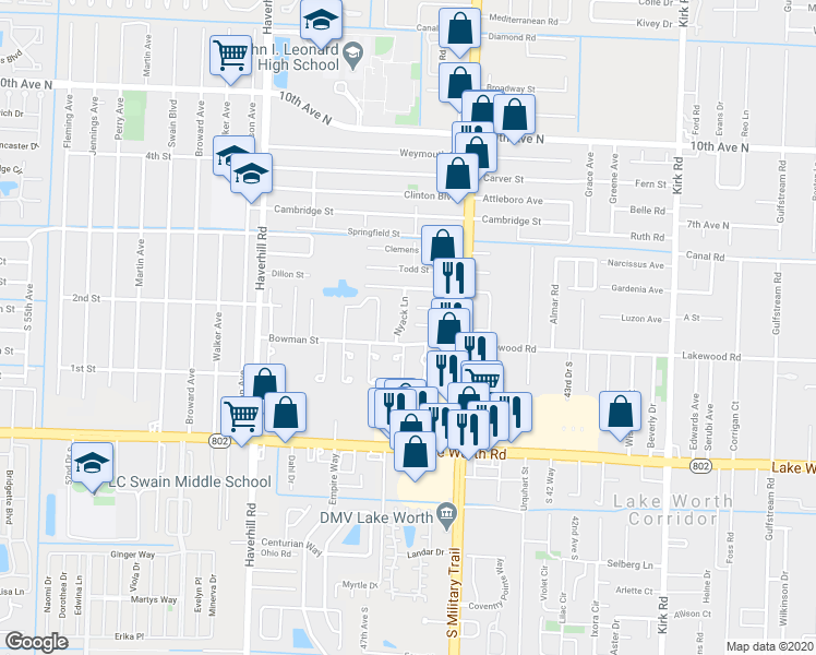 map of restaurants, bars, coffee shops, grocery stores, and more near 3719 Nyack Lane in Lake Worth