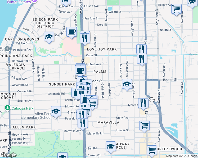 map of restaurants, bars, coffee shops, grocery stores, and more near 2947 Grand Avenue in Fort Myers