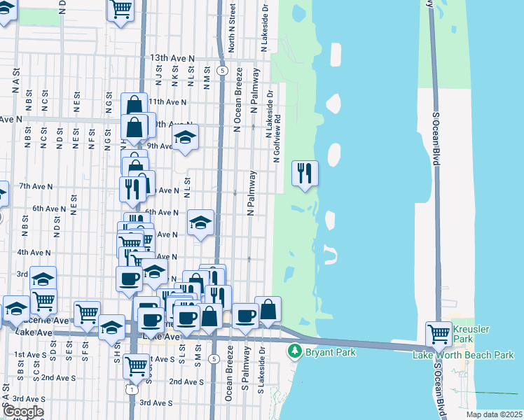 map of restaurants, bars, coffee shops, grocery stores, and more near 632 North Lakeside Drive in Lake Worth