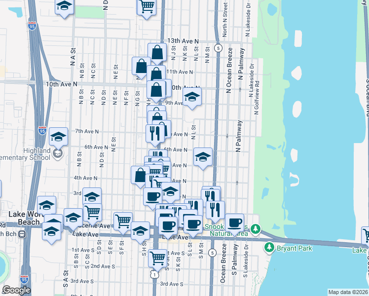 map of restaurants, bars, coffee shops, grocery stores, and more near 620 North K Street in Lake Worth
