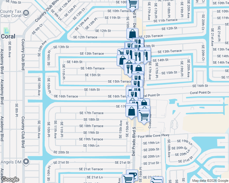 map of restaurants, bars, coffee shops, grocery stores, and more near 1449 Southeast 16th Street in Cape Coral