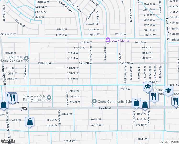 map of restaurants, bars, coffee shops, grocery stores, and more near 3804 11th Street West in Lehigh Acres