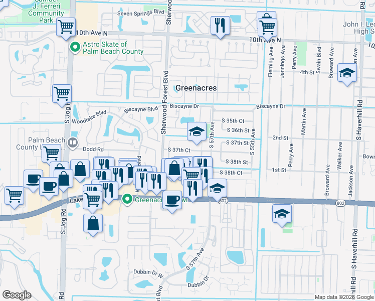 map of restaurants, bars, coffee shops, grocery stores, and more near 5828 South 37th Street in Greenacres