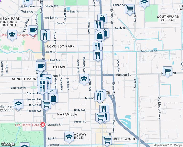 map of restaurants, bars, coffee shops, grocery stores, and more near 2405 Hanson Street in Fort Myers