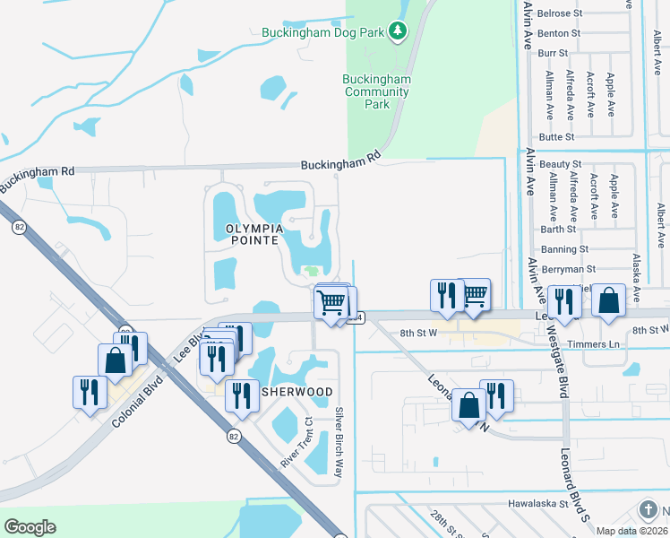 map of restaurants, bars, coffee shops, grocery stores, and more near 11762 Eros Road in Lehigh Acres