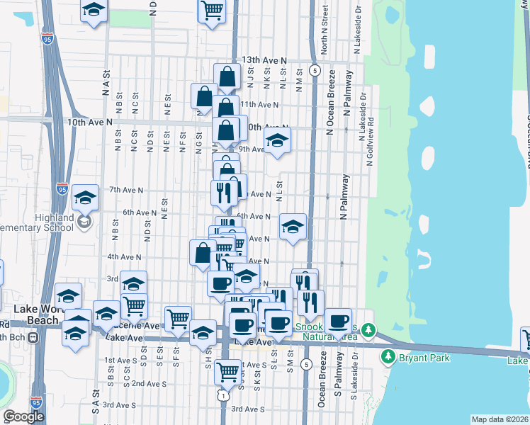 map of restaurants, bars, coffee shops, grocery stores, and more near 626 North K Street in Lake Worth Beach