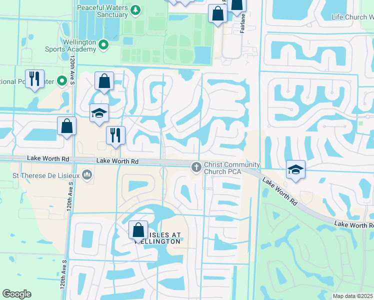 map of restaurants, bars, coffee shops, grocery stores, and more near 11301 Edgewater Circle in Wellington