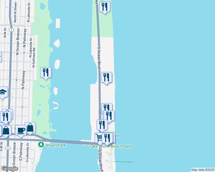 map of restaurants, bars, coffee shops, grocery stores, and more near 2660 South Ocean Boulevard in Palm Beach
