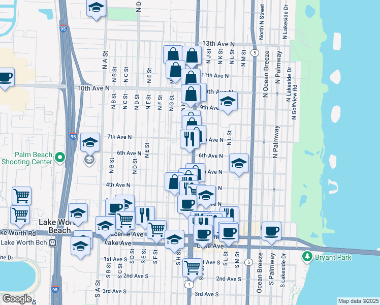 map of restaurants, bars, coffee shops, grocery stores, and more near 622 North H Street in Lake Worth
