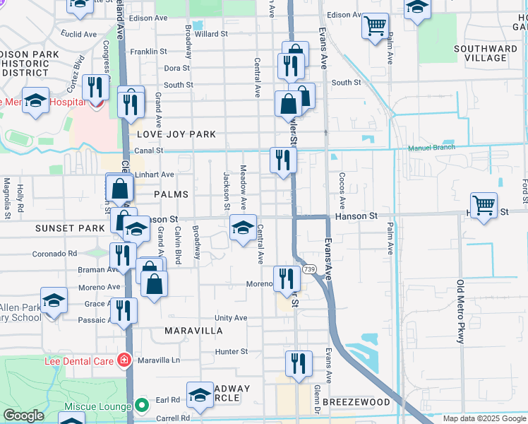 map of restaurants, bars, coffee shops, grocery stores, and more near 2951 Central Avenue in Fort Myers