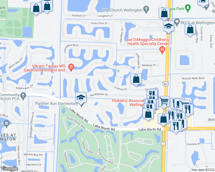 map of restaurants, bars, coffee shops, grocery stores, and more near 10444 Trianon Place in Wellington