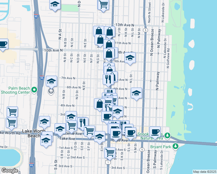 map of restaurants, bars, coffee shops, grocery stores, and more near 622 North H Street in Lake Worth