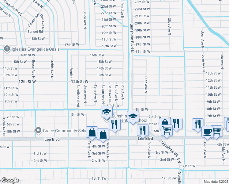 map of restaurants, bars, coffee shops, grocery stores, and more near 915 Sara Avenue North in Lehigh Acres