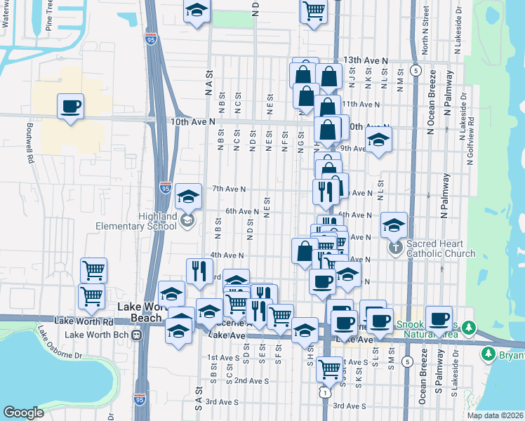 map of restaurants, bars, coffee shops, grocery stores, and more near 620 North E Street in Lake Worth