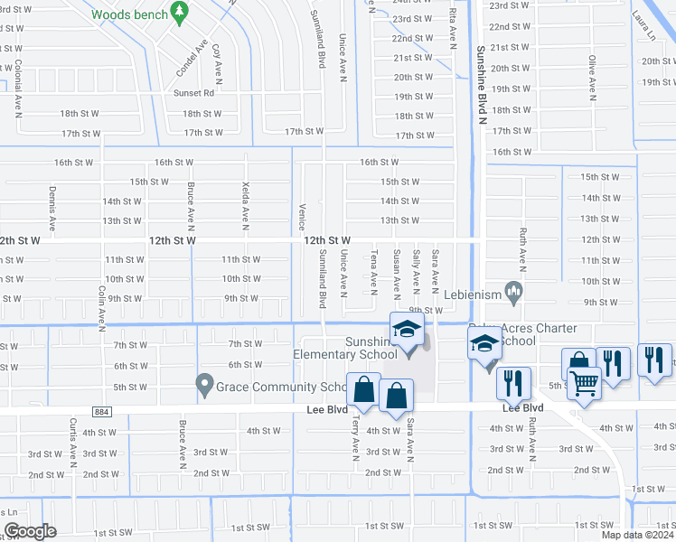 map of restaurants, bars, coffee shops, grocery stores, and more near 915 Unice Avenue North in Lehigh Acres