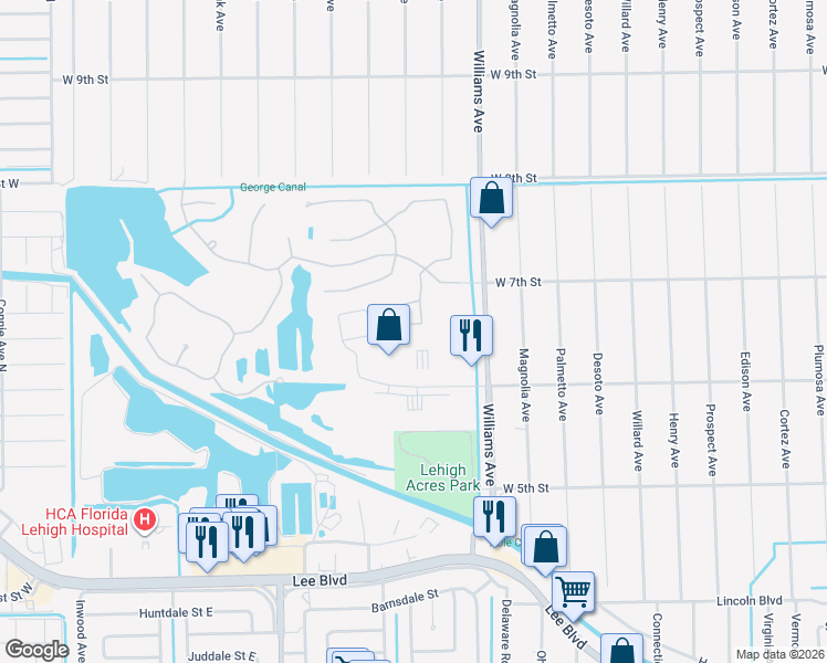 map of restaurants, bars, coffee shops, grocery stores, and more near 8500 Gassner Way in Lehigh Acres