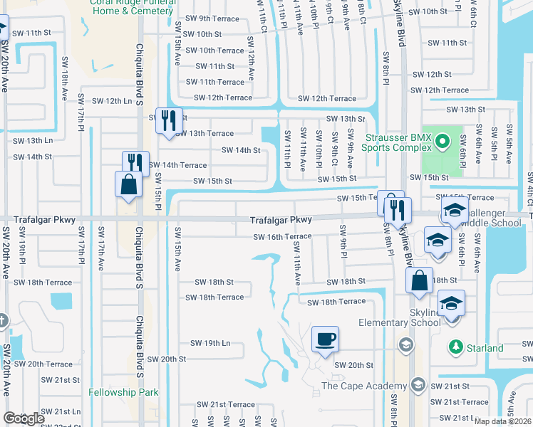 map of restaurants, bars, coffee shops, grocery stores, and more near 1125 Trafalgar Parkway in Cape Coral
