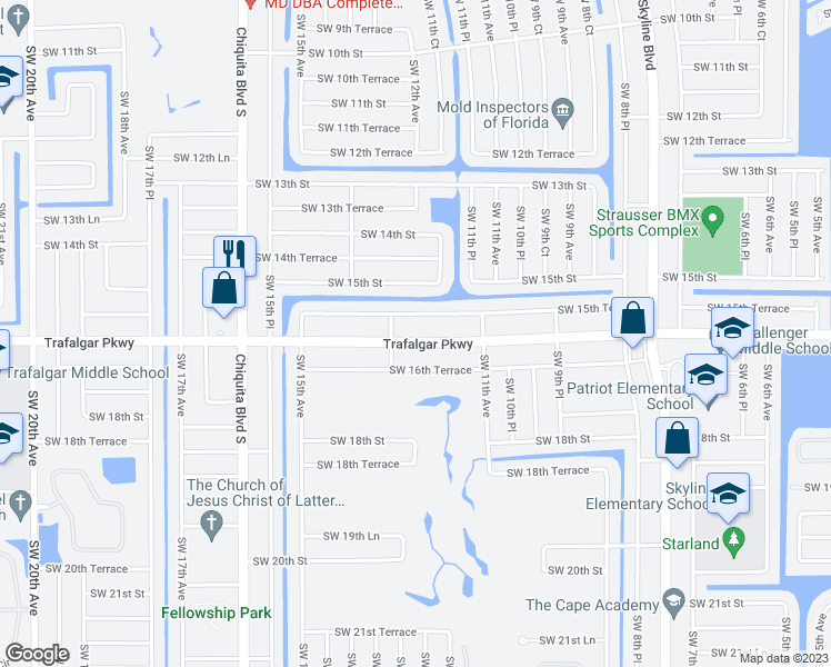map of restaurants, bars, coffee shops, grocery stores, and more near 1203 Trafalgar Parkway in Cape Coral