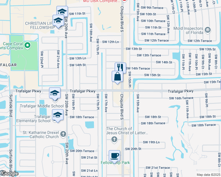 map of restaurants, bars, coffee shops, grocery stores, and more near 1530 Southwest 16th Court in Cape Coral