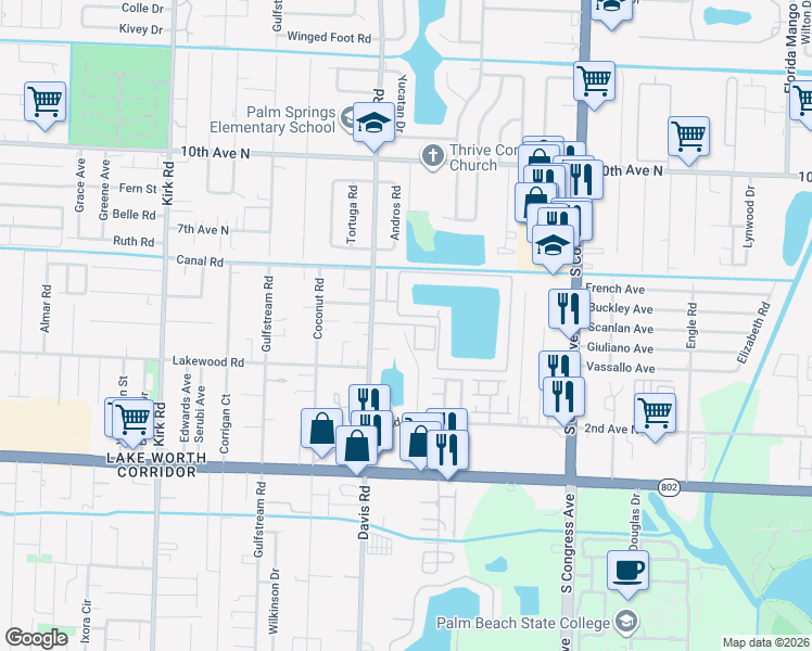 map of restaurants, bars, coffee shops, grocery stores, and more near 5701 Waterview Circle in Palm Springs