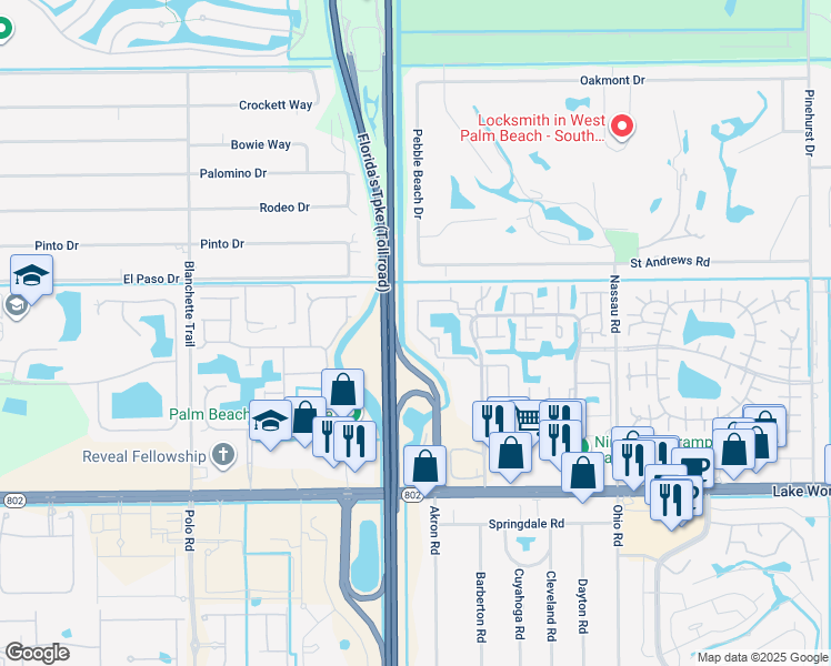 map of restaurants, bars, coffee shops, grocery stores, and more near 119 Willow Springs Drive in Lake Worth