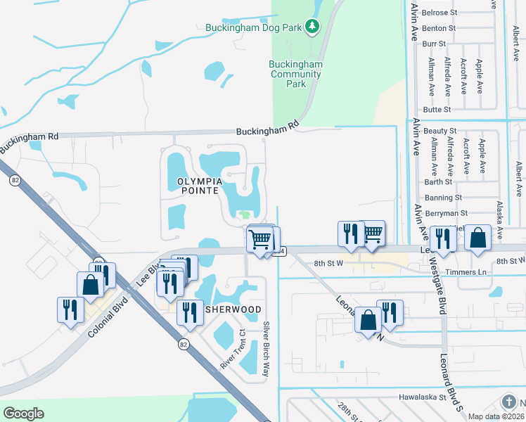 map of restaurants, bars, coffee shops, grocery stores, and more near 8560 Athena Court in Lehigh Acres