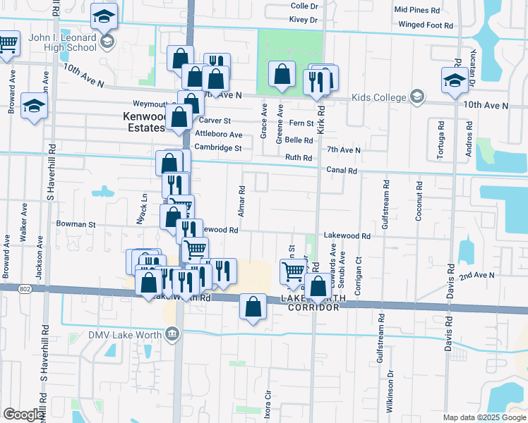 map of restaurants, bars, coffee shops, grocery stores, and more near 3647 Laurette Lane in Lake Worth