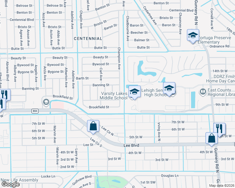 map of restaurants, bars, coffee shops, grocery stores, and more near 818 Champion Avenue in Lehigh Acres