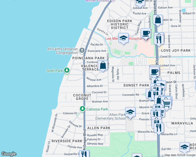 map of restaurants, bars, coffee shops, grocery stores, and more near 1510 Barcelona Avenue in Fort Myers