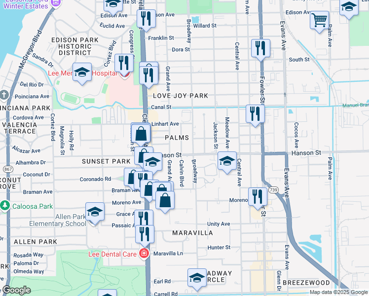 map of restaurants, bars, coffee shops, grocery stores, and more near 2940 Broadway in Fort Myers