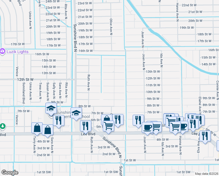 map of restaurants, bars, coffee shops, grocery stores, and more near 3204 11th Street West in Lehigh Acres